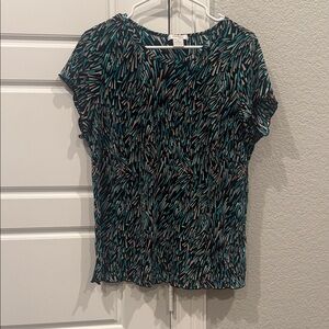 Dress Barn Teal Black and Cream Short Sleeve Printed Blouse